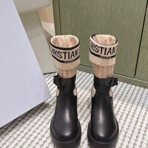 Dior Black Leather Ankle Boots with Beige Branded Knit Cuff